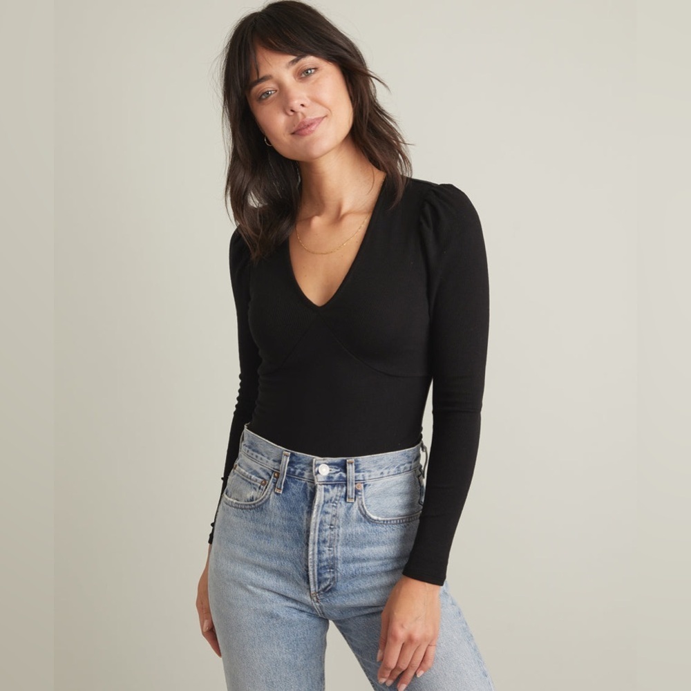 Marine Layer Black V-Neck Women's Long Sleeve Top